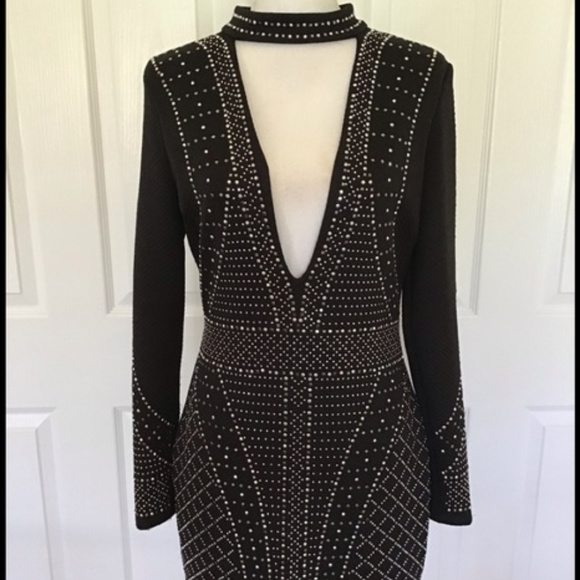 💋 bebe studded embellished deep vblack long sleeve beautiful dress M RARE 💋